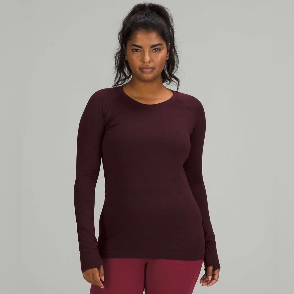 lululemon dark red/maroon swiftly tech long sleeve shirt top in cassis - 2